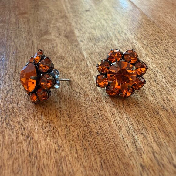 Vintage Orange Rhinestone Flower Floral Stud Earrings - Picture 1 of 8